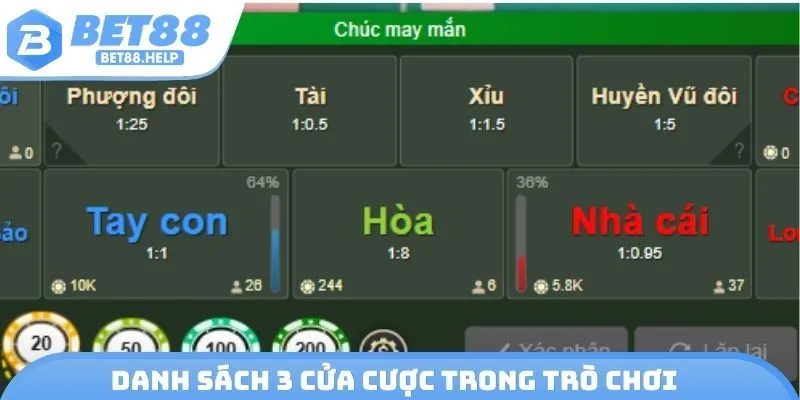 Danh sách 3 cửa cược trong trò chơi
