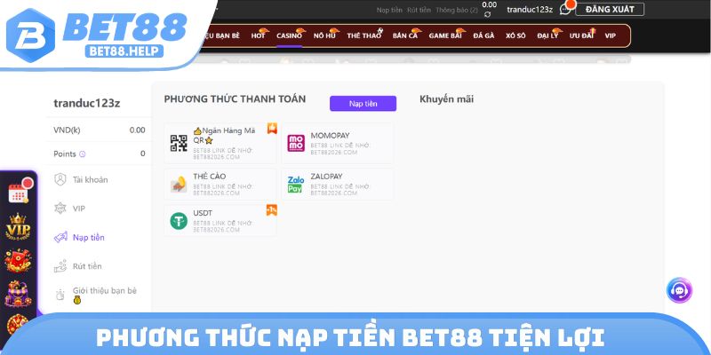 Phương thức nạp tiền Bet88 tiện lợi