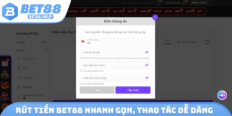 Rút tiền Bet88 nhanh gọn, thao tác dễ dàng